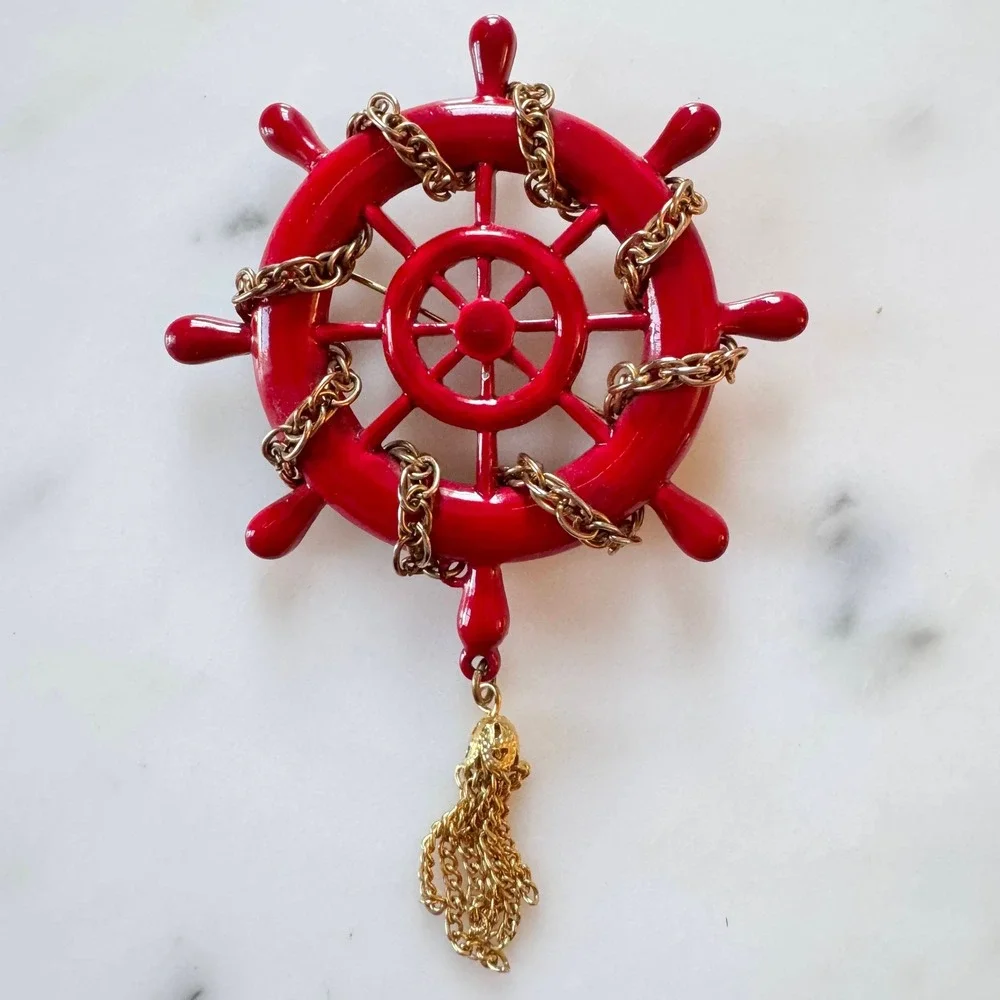 Vintage 1960s‎ Red Ship Wheel Brooch Gold Tassel Nautical Helm Pin Mid Century